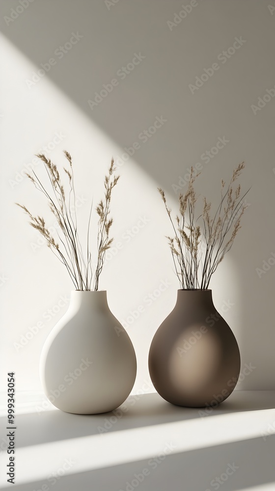 Poster minimal ceramic vases in japandi style with soft rounded forms and pastel glazes
