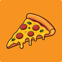 illustration of a pizza isolated on solid background. pizza slice with salami, mushrooms, basil leaf and melted cheese for pizzeria package and menu designs. Flat Vector illustration