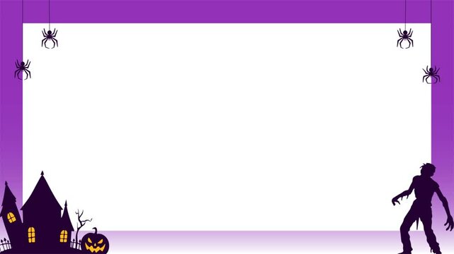 Halloween animated border banner with haunted house, zombie, spider, pumpkin. And gradation purple background