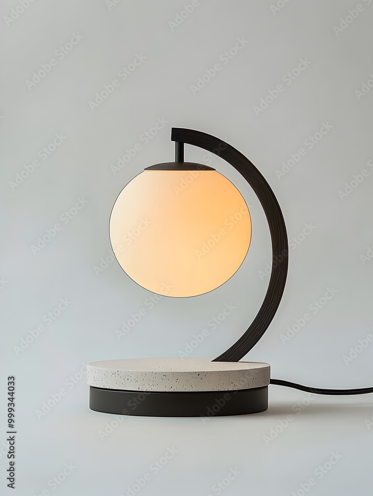 Poster minimalist desk lamp with circular base and soft ambient lighting on clean white background
