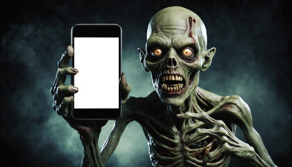 halloween zombie and transparent screen mobile phone