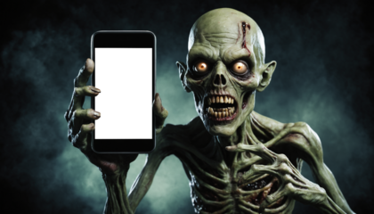 halloween zombie and transparent screen mobile phone