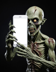 halloween zombie and transparent screen mobile phone