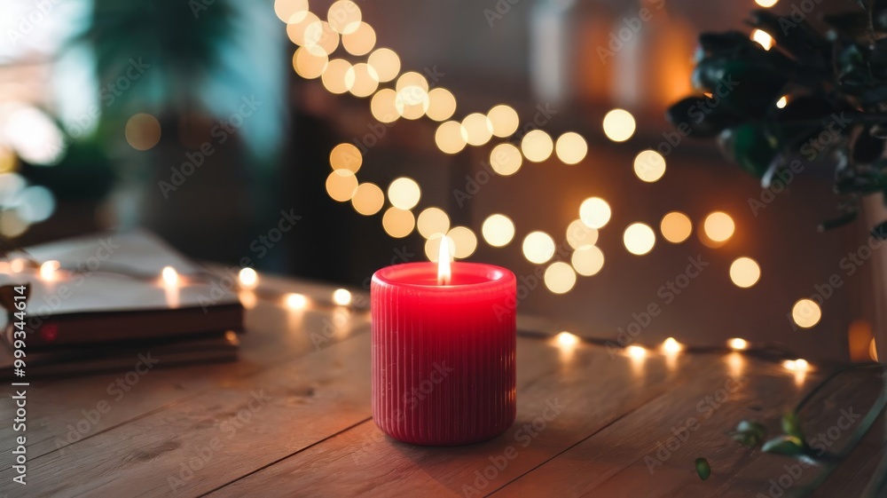 Wall mural glowing red candle with a warm bokeh lights backdrop, creating a cozy and serene ambiance