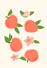 Modern vertical peach poster, vector flat illustration. Summer or autumn bright pattern with tropical fruit, harvest cover design. Can used for labels, market ad, posters, covers for print.