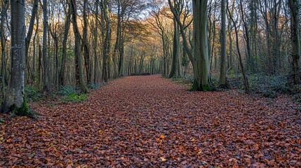 Obraz premium A path through a forest with fallen leaves on the ground.