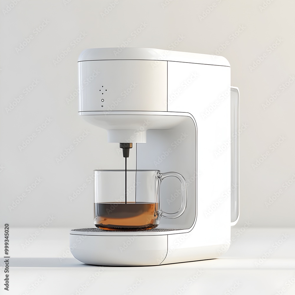 Poster minimalist single serve coffee brewer with clean cube design and soft lighting