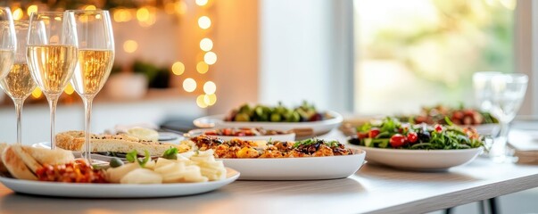 Luxury gathering with large dining table, beautifully arranged platters of gourmet food, modern decor and soft lighting for a sophisticated atmosphere