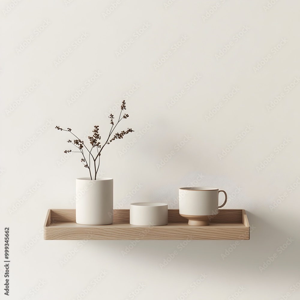 Poster minimalist wooden shelf with suspended rectangular form on pristine white backdrop