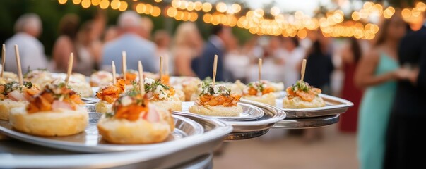 Close-up of gourmet appetizers served on silver trays at an outdoor wedding party, surrounded by lively guests under a canopy of string lights