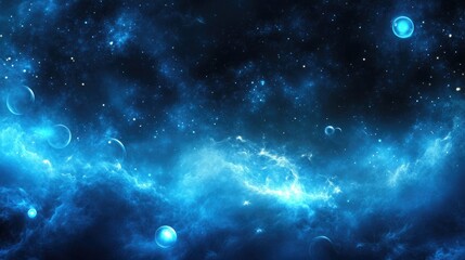 Naklejka premium Stunning abstract mysterious background featuring misty fog, deep blue hues, and faint glowing orbs, evoking a sense of intrigue and mystery