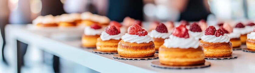 Conference dessert table, gourmet pastries and cakes neatly arranged, modern setting with sleek decor, attendees mingling in the background