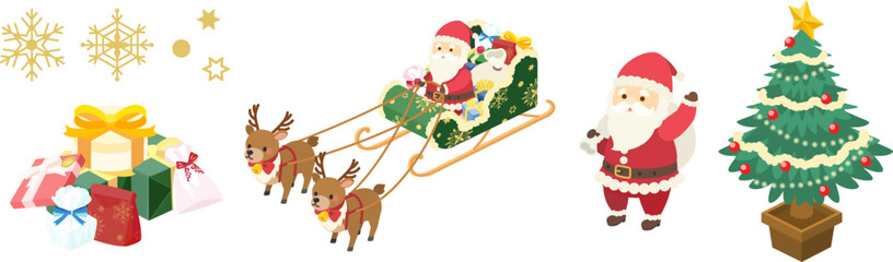 アイソメトリックで描いたクリスマスのイラストセット（ベクター）