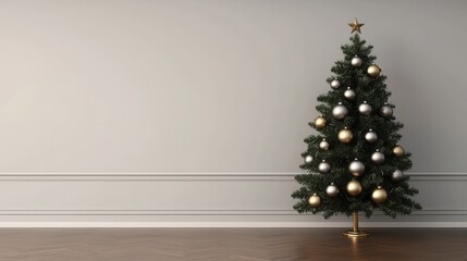 A beautifully decorated Christmas tree stands elegantly in a minimalist room, featuring gold and silver ornaments against a neutral wall.