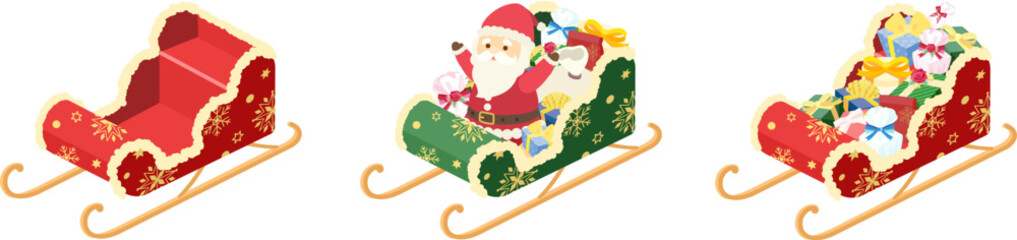 アイソメトリックで描いたプレゼントを積んだソリのイラストセット（ベクター）