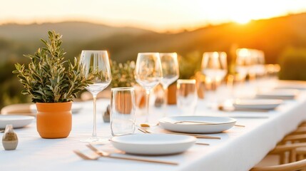 Fototapeta premium Elegant vegan dining table with personalized plant-based menu, high-end catering for a special event under a scenic outdoor setting