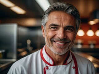 Male Cook in a Modern Hotel Kitchen with a Warm Smile and Crossed Arms 