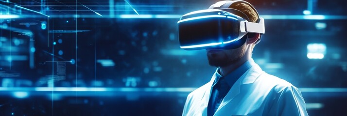 Fototapeta premium Doctor with VR headset standing in futuristic setting