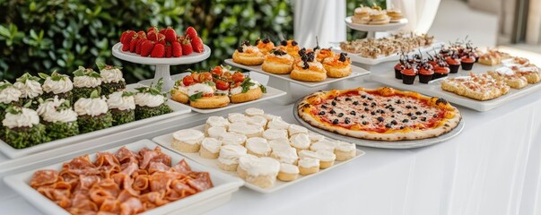 High-end Italian birthday party with a personalized pizza station, gourmet desserts, luxury catering under elegant canopies