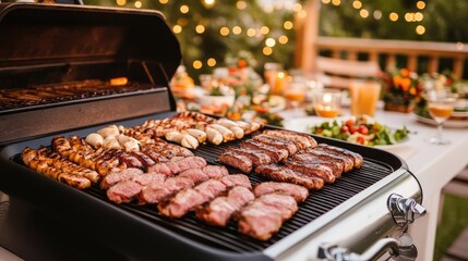 Luxury holiday BBQ buffet with gourmet grilled meats, festive outdoor catering, elegant table settings under string lights