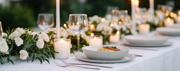 Romantic anniversary banquet featuring French gourmet dishes, elegant table settings with candles, high-end outdoor catering ambiance