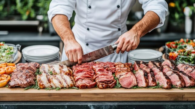 Personalized buffet setup with a chef carving gourmet meats, high-end outdoor catering service, exquisite food presentation