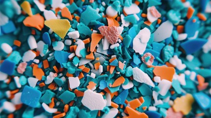 Vivid close up of a colorful spread of microplastics and plastic waste fragments highlighting the pollution and environmental impact of urban waste being carried into the ocean