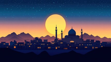 Obraz premium Nighttime Silhouette of a City with a Mosque and Mountains