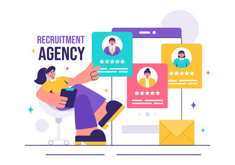 Recruitment Agency Vector Illustration featuring Managers Selecting Candidates Employee for Various Job Positions or Other Organizations