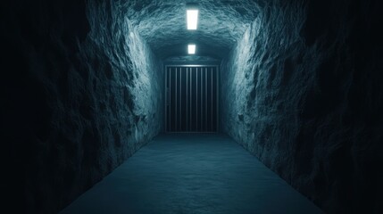 Dark Stone Tunnel with Metal Gate and Light