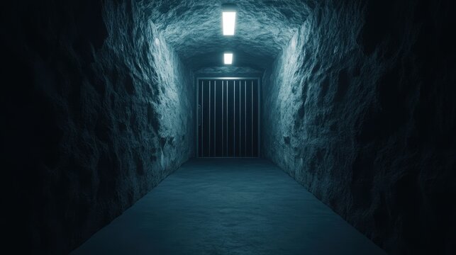 Dark Stone Tunnel with Metal Gate and Light