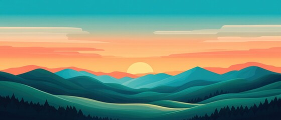 Sunset Over Rolling Hills  Minimalist Landscape Illustration