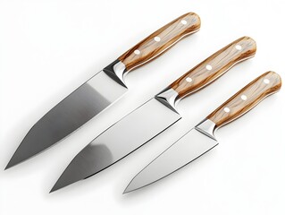 Obraz premium Pristine Culinary Essentials Arrangement of Chef s Knives with Sleek Stainless Steel Blades and Wooden Handles