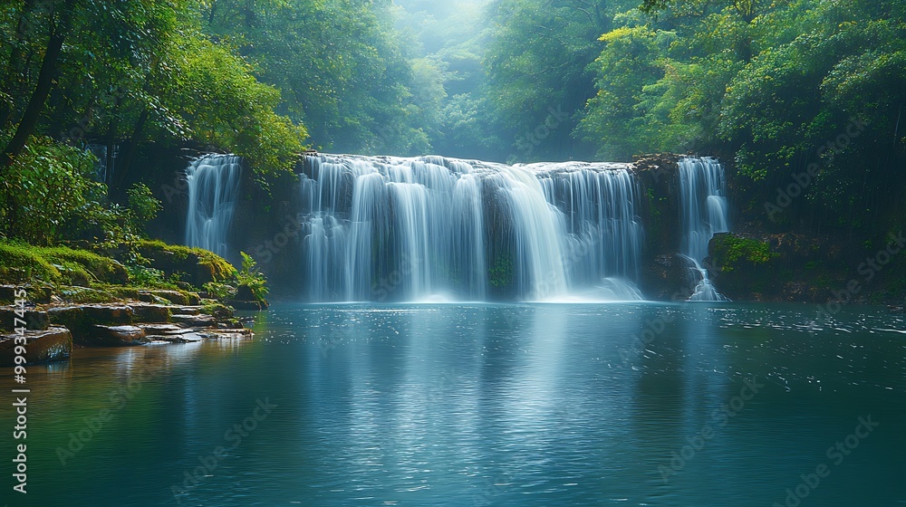 Poster tranquil waterfall cascading into a pristine pool, surrounded by lush greenery and mist.