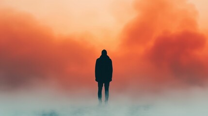 Fototapeta premium Silhouette of a person standing alone in a polluted hazy environment with an ominous orange sky