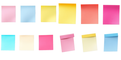Transparent PNG of colorful sticky notes arranged in two rows. Each note is a Blank Sign in different vibrant colors.