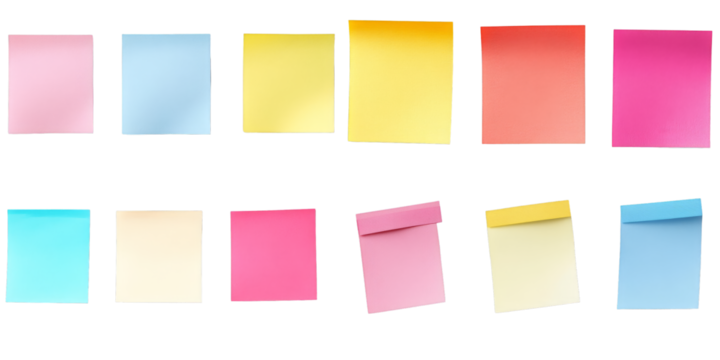 Transparent PNG of colorful sticky notes arranged in two rows. Each note is a Blank Sign in different vibrant colors.