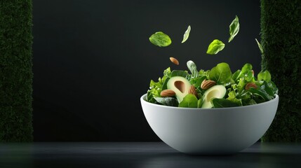 A bowl of salad with fresh greens nuts and avocado highlighted in a modern 3D illustration for healthy eating concepts