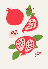 Modern vertical pomegranate poster, vector flat illustration. Summer or autumn bright pattern with tropical fruit, harvest cover design. Can used for labels, market ad, posters, covers for print.