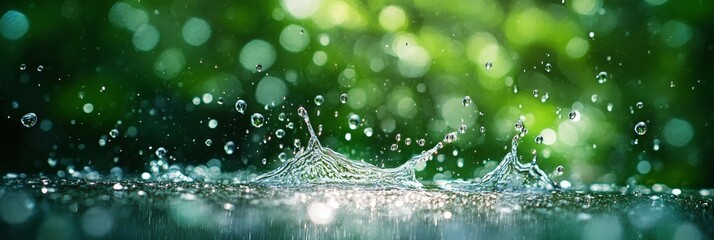 Rain droplets colliding with a surface, vivid details showcasing the splashes, soft greenery fading into the background