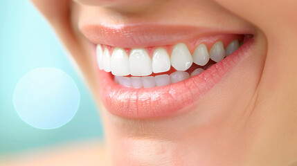 Fototapeta premium woman bright white smile highlighting perfect teeth, oral hygiene, and professional teeth whitening, close-up