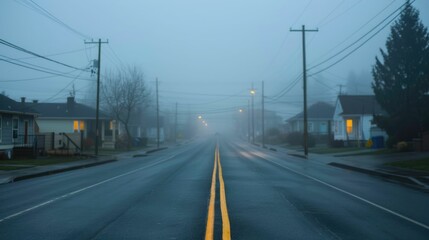 Deserted residential street in a small town or village shrouded in a hazy atmospheric glow of light pollution on a moody overcast winter evening  The scene evokes a sense of melancholy solitude