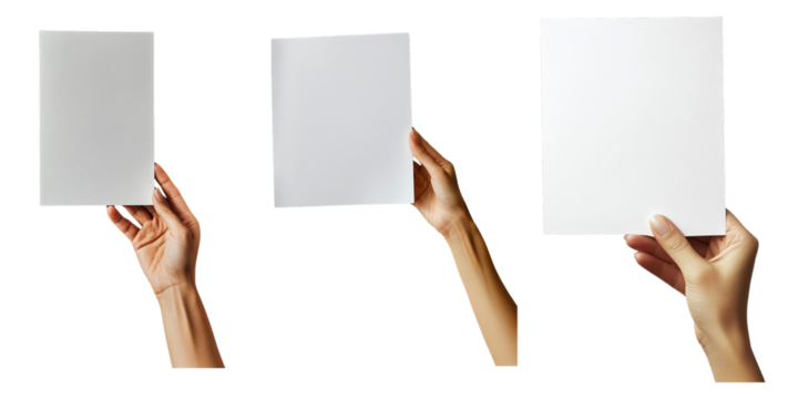 Transparent PNG of three hands holding blank signs, perfect for customizable design use. Each Blank Sign is fully editable.