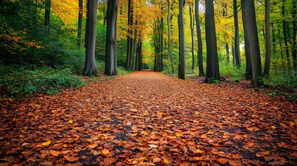 Obraz premium A path lined with trees in autumn, covered in fallen leaves, leading into the distance.
