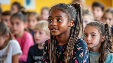 Photograph a school assembly celebrating diversity, with students from different backgrounds sharing their experiences and talents