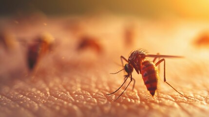 A close up macro shot of a mosquito a common for spreading parasitic diseases and viruses within a community  This image highlights the microscopic details and shallow depth of field