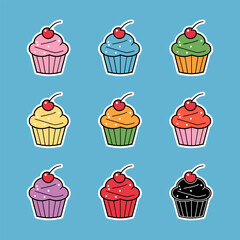Sticker Set Cupcake with Frosting and Cherry Vector