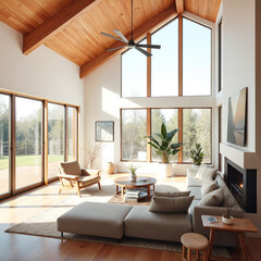 Fototapeta premium Spacious modern living room with large windows and wooden ceiling design