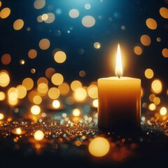 Golden bokeh dances around candlelight in deep blue darkness, capturing the serenity