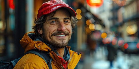 Fototapeta premium Smiling man in a red cap and yellow jacket in a city